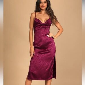 NWT Lulus Total Stunner Plum Purple Satin Jacquard Cowl Neck Midi Dress